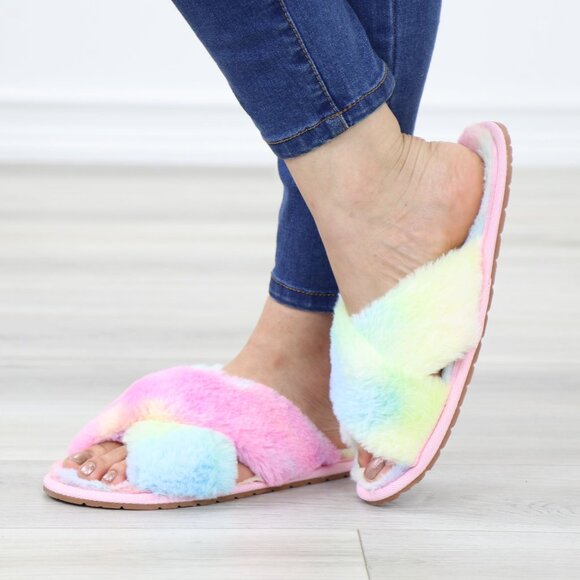 Cross Strap Tie Dye Multi Color Puff Fuzzy Furry Fluffy Slip On Plush Slippers - Picture 11 of 15
